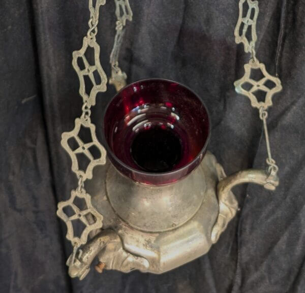 Large Antique Brass Silver Plated Sanctuary Liturgy Lamp with Splendid Red Glass