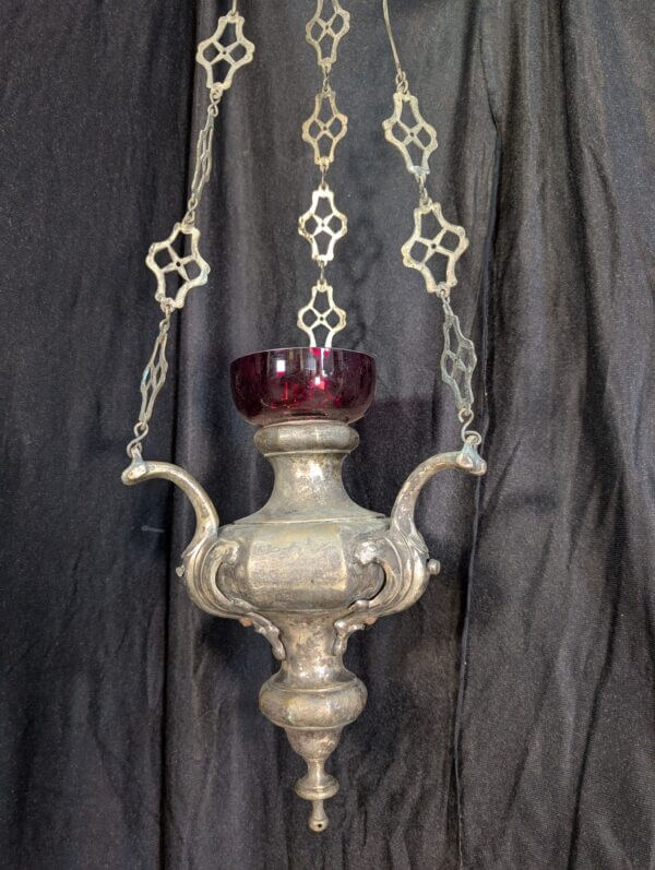 Large Antique Brass Silver Plated Sanctuary Liturgy Lamp with Splendid Red Glass