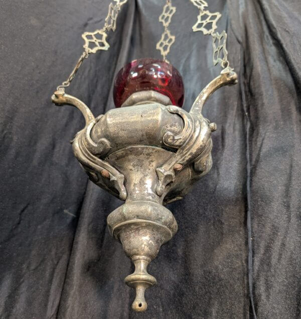 Large Antique Brass Silver Plated Sanctuary Liturgy Lamp with Splendid Red Glass