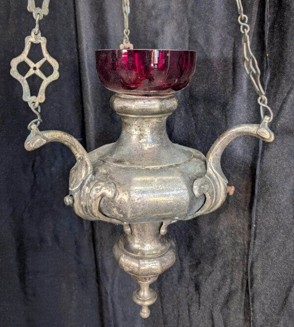 Large Antique Brass Silver Plated Sanctuary Liturgy Lamp with Splendid Red Glass