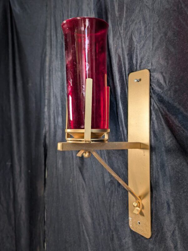 Modern Italian Large Wall Mounted Gold Painted Sanctuary Lamp with Large Red Glass Holder