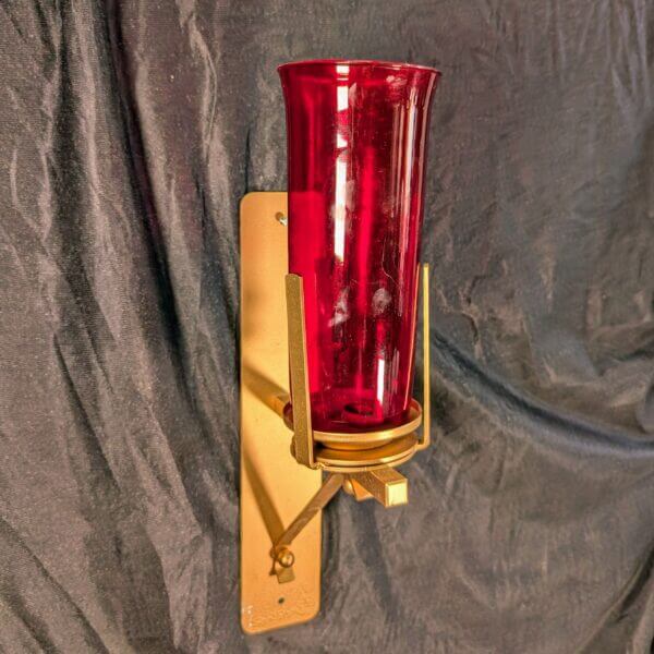 Modern Italian Large Wall Mounted Gold Painted Sanctuary Lamp with Large Red Glass Holder