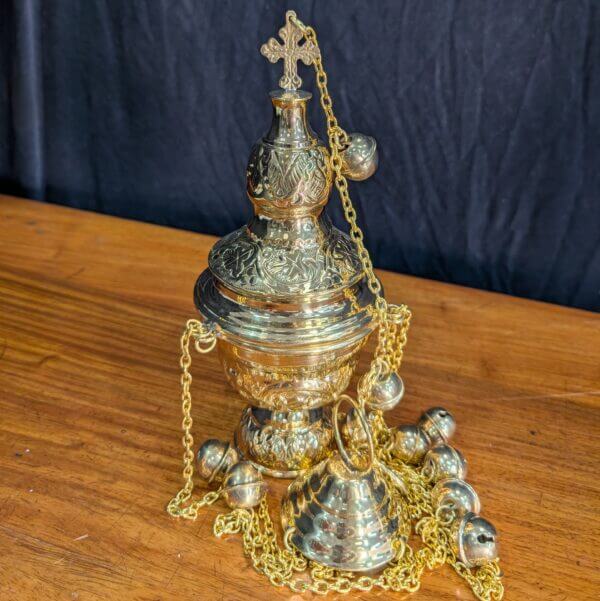 Medium Size Foliate Patterned Brass Thurible Censer Incense Burner with Bells