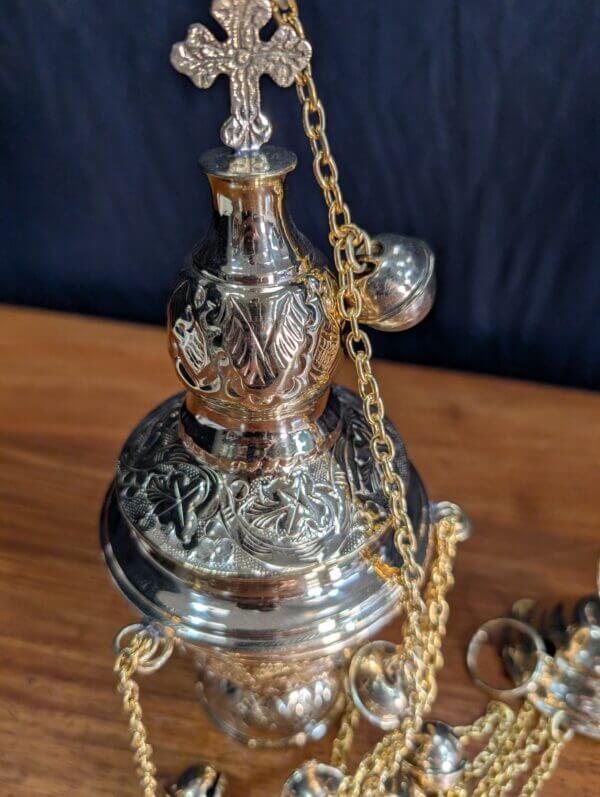 Medium Size Foliate Patterned Brass Thurible Censer Incense Burner with Bells
