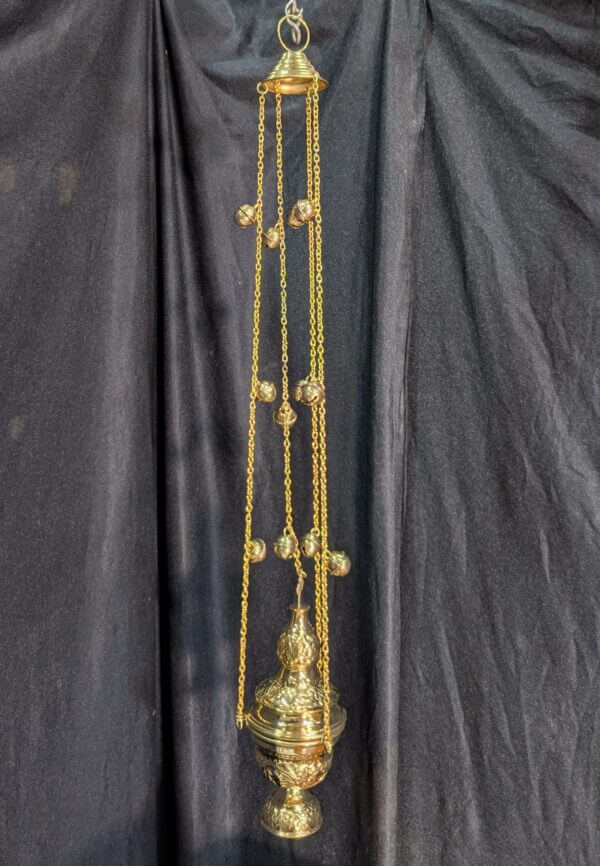 Medium Size Foliate Patterned Brass Thurible Censer Incense Burner with Bells