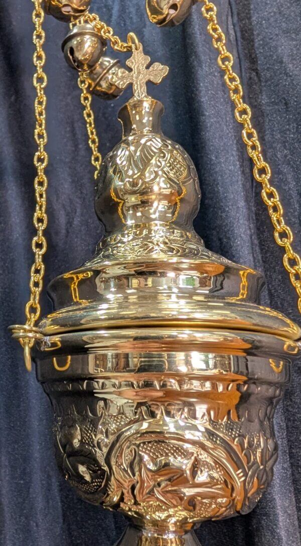 Medium Size Foliate Patterned Brass Thurible Censer Incense Burner with Bells