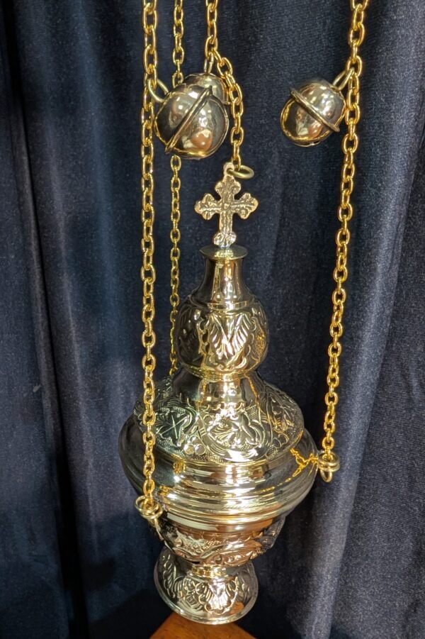 Medium Size Foliate Patterned Brass Thurible Censer Incense Burner with Bells