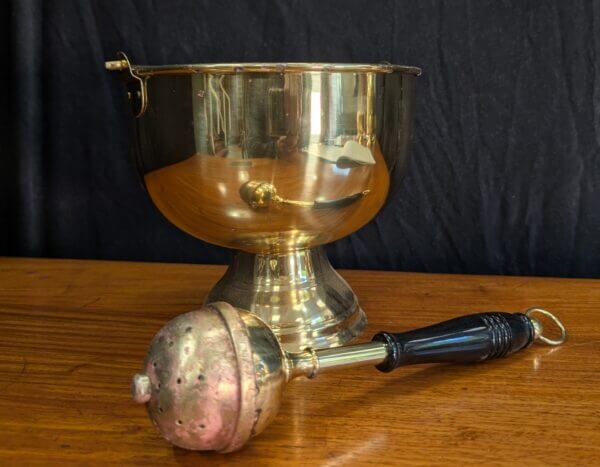 Well Used Large Holy Water Vat Pail Pot with Large Black Handled Holy Water Sprinkler Aspergillum