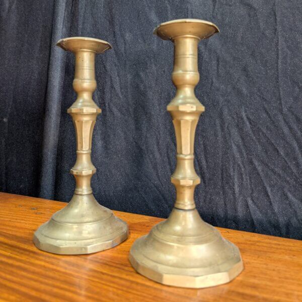 Pair of Vintage Machine Turned Brass Candlesticks