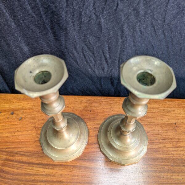 Pair of Vintage Machine Turned Brass Candlesticks