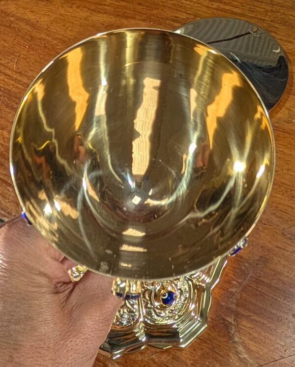 Highly Ornate & Bejewelled Heavy Rococo Style Gilt Brass Chalice & Paten