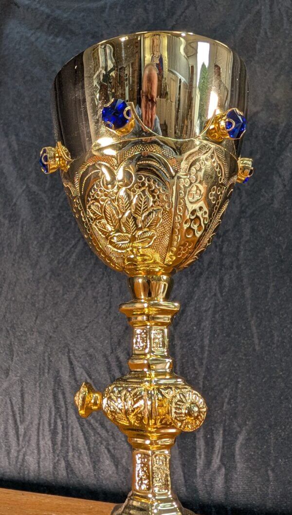 Highly Ornate & Bejewelled Heavy Rococo Style Gilt Brass Chalice & Paten