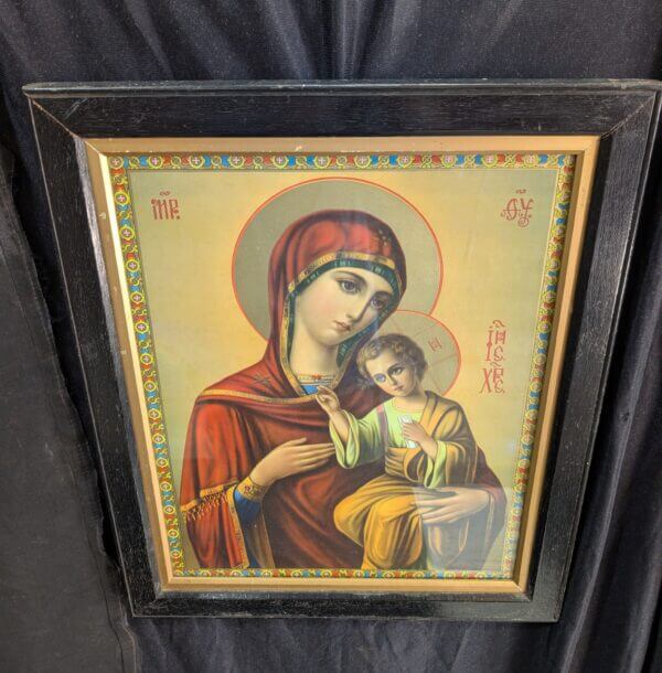Antique East European Icon Framed Lithograph depicting Madonna & Child