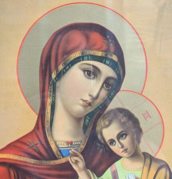 Antique East European Icon Framed Lithograph depicting Madonna & Child