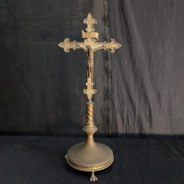 Antique Gothic Flemish Brass Church Table Crucifix