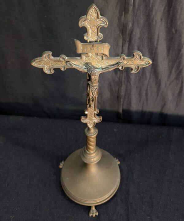Antique Gothic Flemish Brass Church Table Crucifix