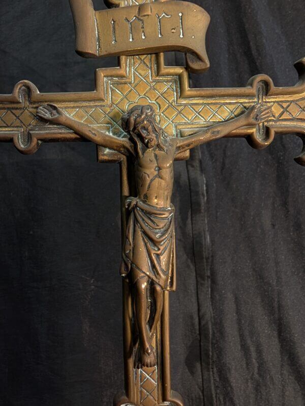 Antique Gothic Flemish Brass Church Table Crucifix