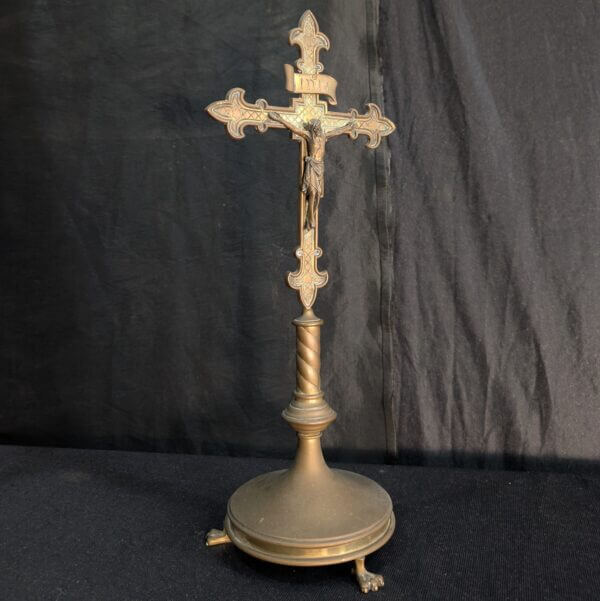 Antique Gothic Flemish Brass Church Table Crucifix