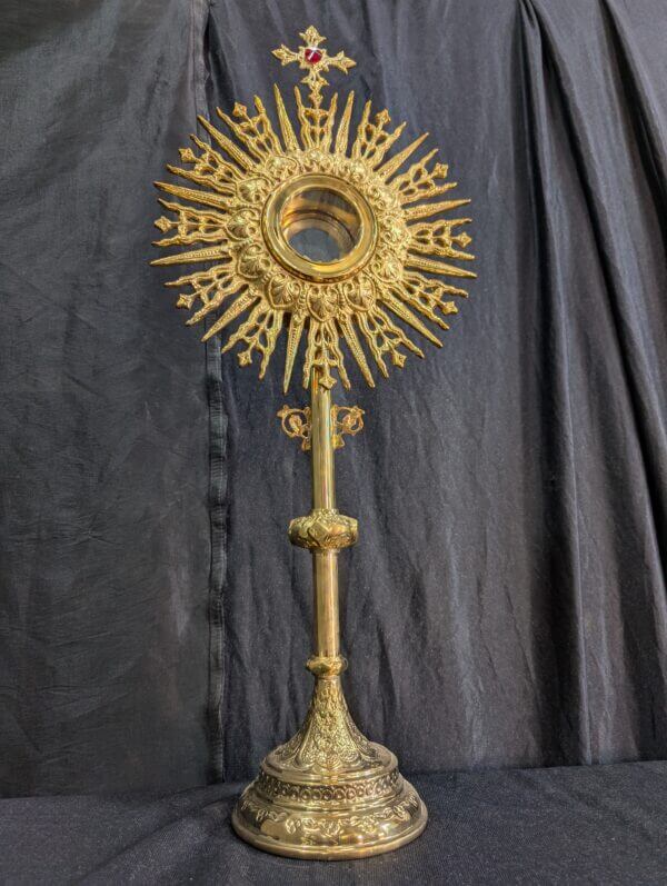 Exciting As New Beaux Arts Sunburst Large Brass Monstrance with Begemmed Cross
