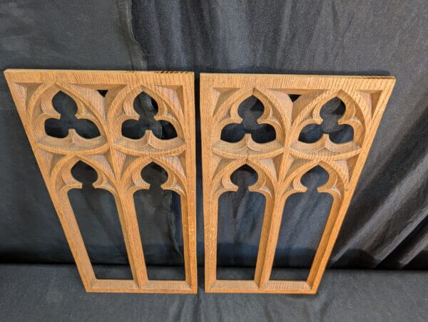 Two Gothic Antique Medium Size Carved Oak Open Lancet Matching Panels