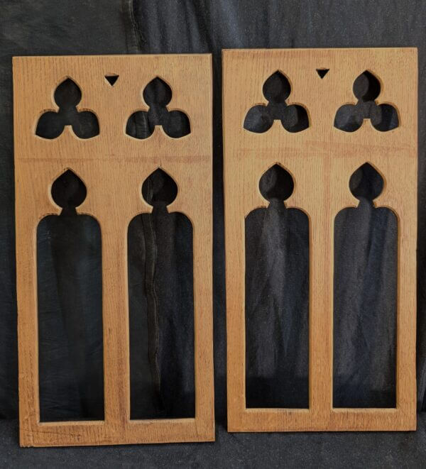 Two Gothic Antique Medium Size Carved Oak Open Lancet Matching Panels