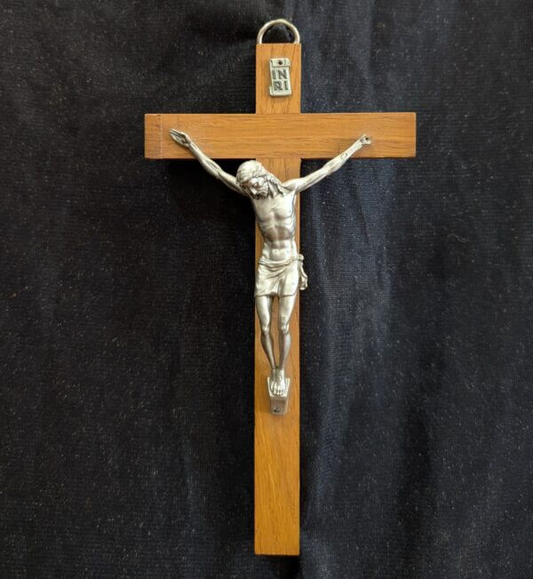Small Modern French Bright Metal and Wood Crucifix
