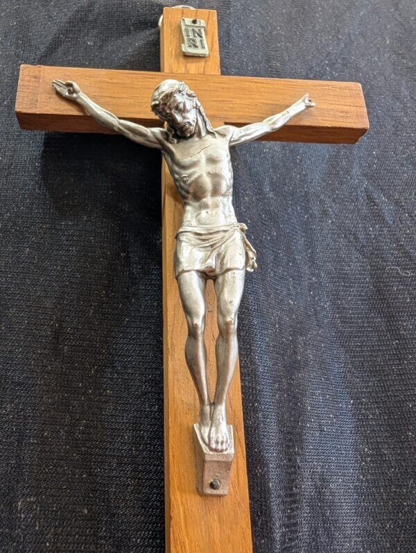 Small Modern French Bright Metal and Wood Crucifix