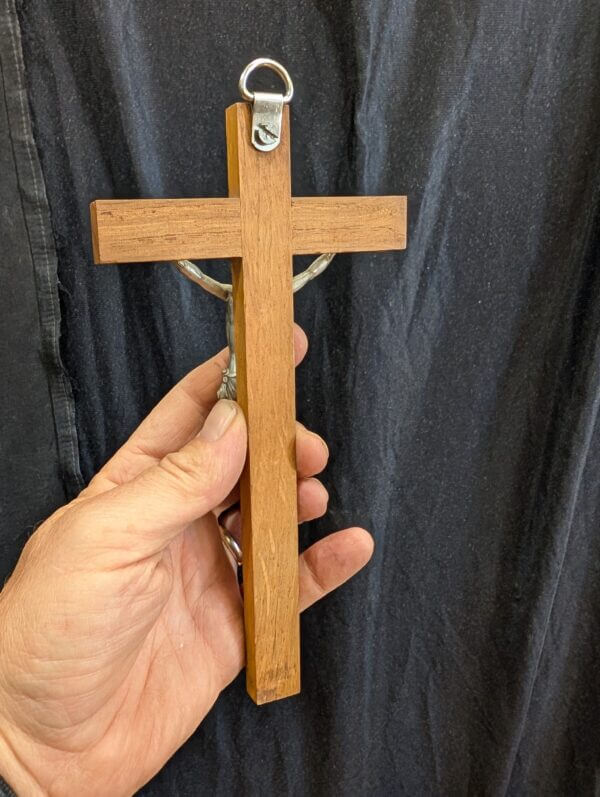Small Modern French Bright Metal and Wood Crucifix