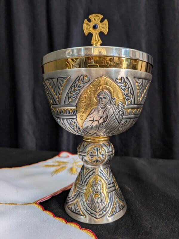 Ornate Italian Silver Coloured Metal and Gilt Brass Ciborium with Cover