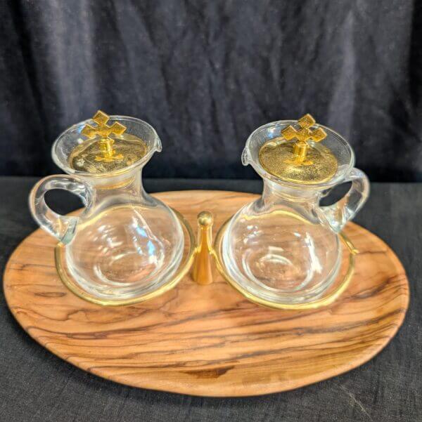 Modern Italian Church Cruet Set on Olive Wood Dish