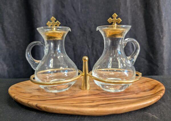 Modern Italian Church Cruet Set on Olive Wood Dish