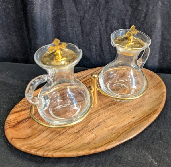 Modern Italian Church Cruet Set on Olive Wood Dish
