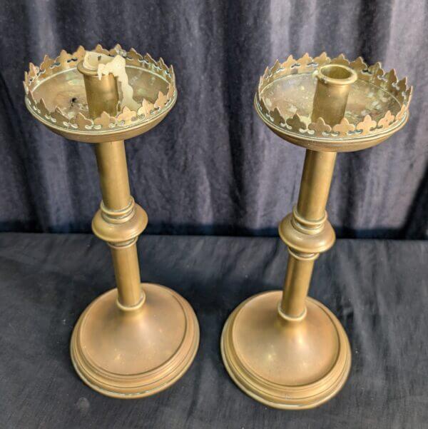 Pair of Antique Gothic Crenelated Church Candlesticks