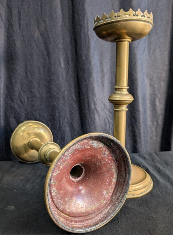 Pair of Antique Gothic Crenelated Church Candlesticks