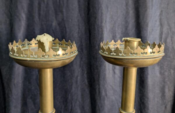 Pair of Antique Gothic Crenelated Church Candlesticks
