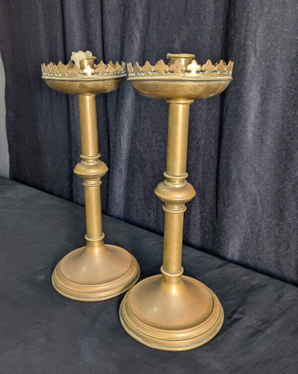 Pair of Antique Gothic Crenelated Church Candlesticks