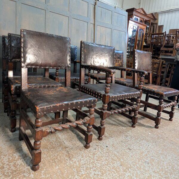 Set of 8 Baronial Leather & Oak Medieval Style Chairs