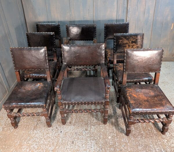 Set of 8 Baronial Leather & Oak Medieval Style Chairs