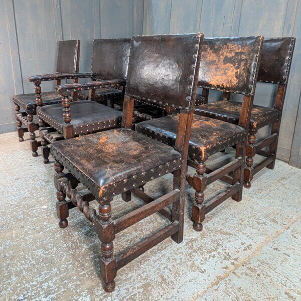 Set of 8 Baronial Leather & Oak Medieval Style Chairs