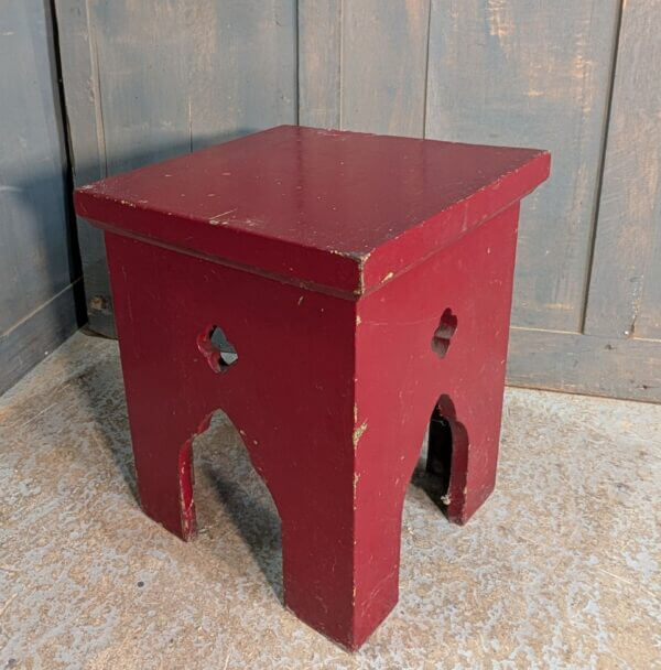 Simple Antique Red Painted Pine Gothic Stool