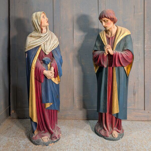 Matching Carved Antique Wooden Pair of Religious Statues St Mary & St John