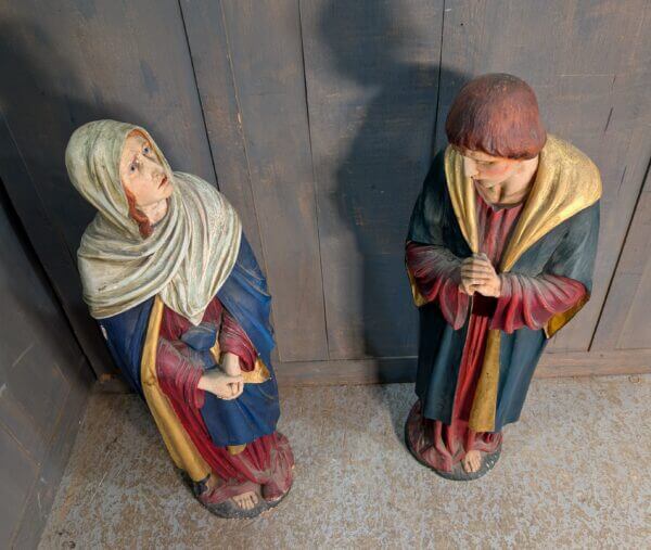 Matching Carved Antique Wooden Pair of Religious Statues St Mary & St John