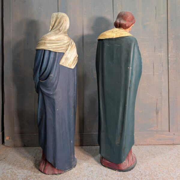 Matching Carved Antique Wooden Pair of Religious Statues St Mary & St John
