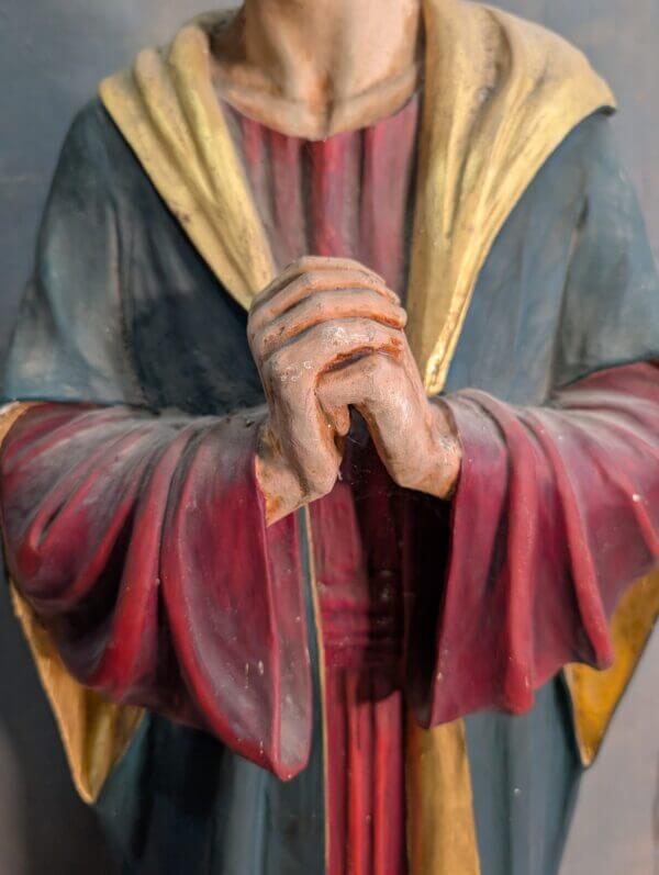 Matching Carved Antique Wooden Pair of Religious Statues St Mary & St John