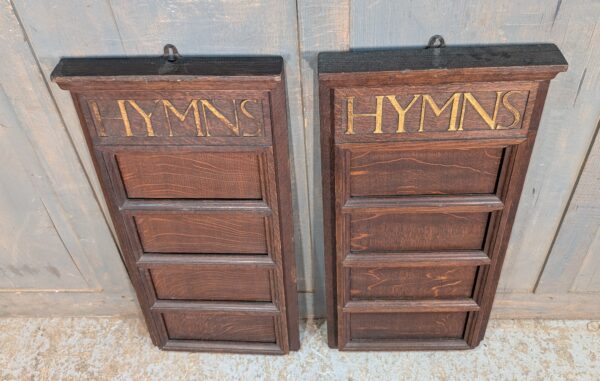Two Dark Oak Carved Neo-Classical Hymnboards from Cheshire