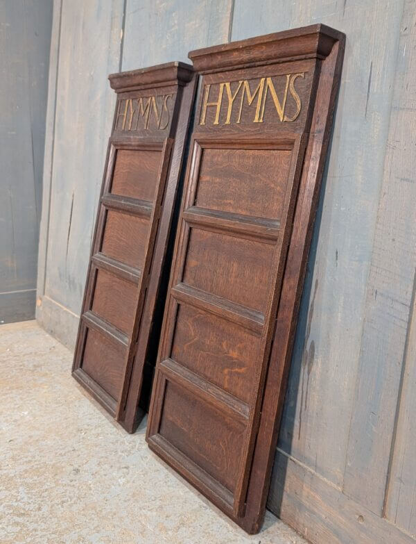 Two Dark Oak Carved Neo-Classical Hymnboards from Cheshire