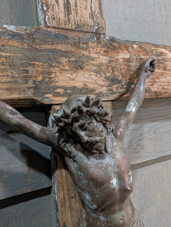 Bell Tower Find Very Distressed Pine & Copper Larger Size Crucifix