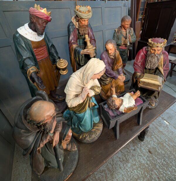 Beautiful Antique Large Church Eight Figure Nativity Set