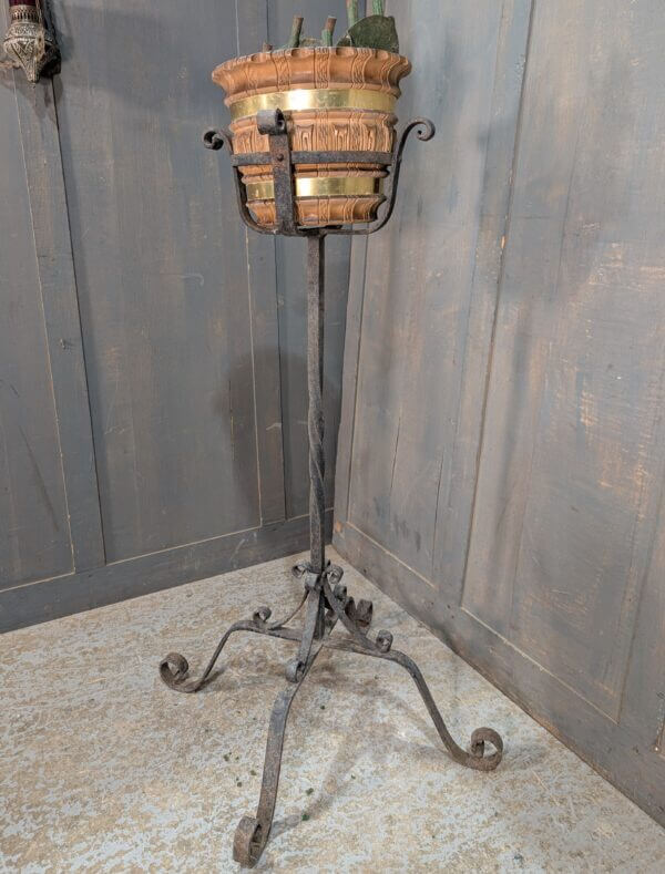 Wrought Iron Plant Stand with Faux Wood Bucket & Bloom Holders
