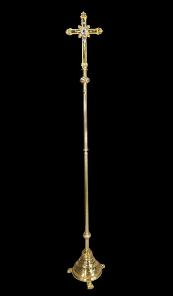 Very Tall Highly Polished Baroque Style Brass Processional Cross with Claw Foot Stand